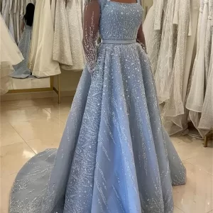 Sequins Long Prom Dresses A Line Long Sleeve Women's Formal Occasion Gowns Belt Party Dress فساتين السهرة customized