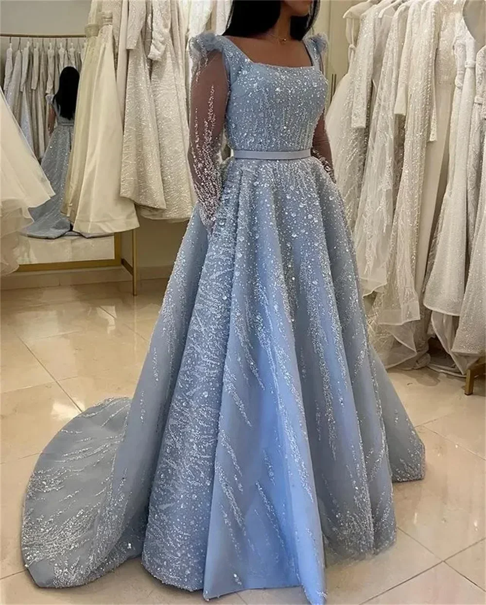 Sequins Long Prom Dresses A Line Long Sleeve Women's Formal Occasion Gowns Belt Party Dress فساتين السهرة customized