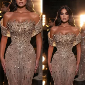 Customized Glitter Evening Dresses Pearl Sequins Mermaid Prom Gowns Off the Shoulder See Through Party Dresses 2025