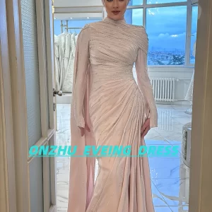 Customized high-neck long-sleeved A-LINE Mousse elegant women evening dress dresses for special occasions