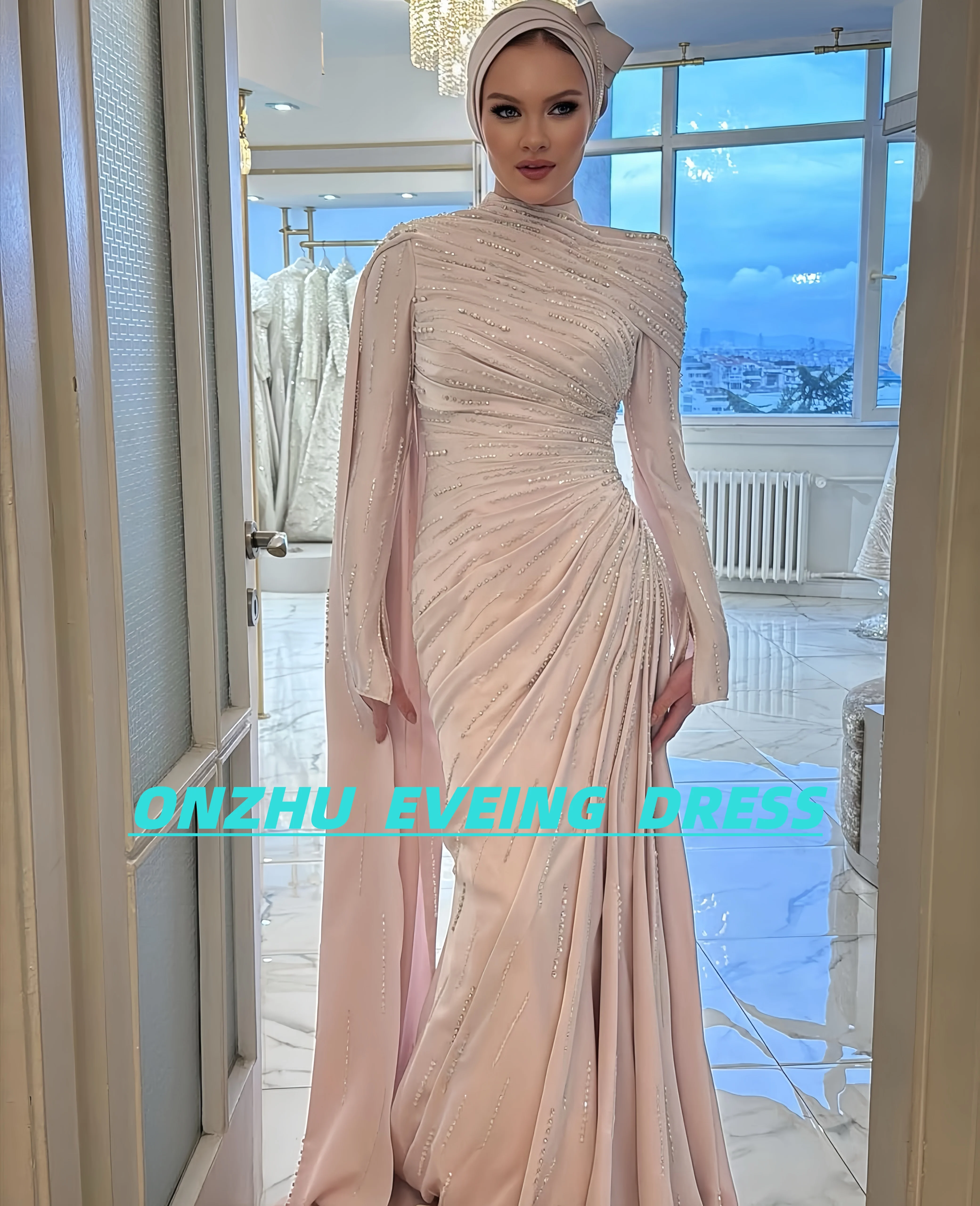 Customized high-neck long-sleeved A-LINE Mousse elegant women evening dress dresses for special occasions
