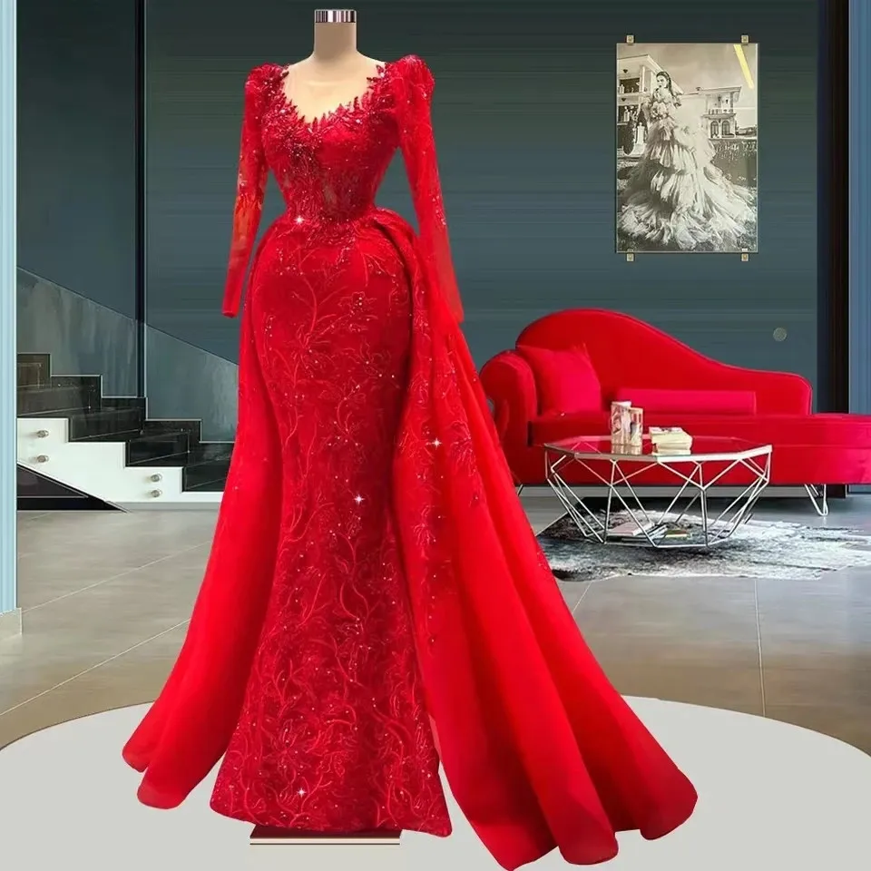 Dubai Luxury Mermaid Evening Dresses Long Sheer Neck Detachable Train Full Sleeves Beading Lace Prom Gowns Plus Size customized - Image 2